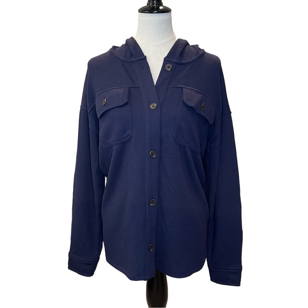 Women's‎ Time and Tru Navy Ribbed Button-Front Hoodie Sweatshirt – Size L